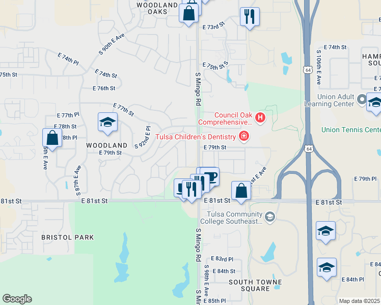 map of restaurants, bars, coffee shops, grocery stores, and more near 7902 South Mingo Road in Tulsa