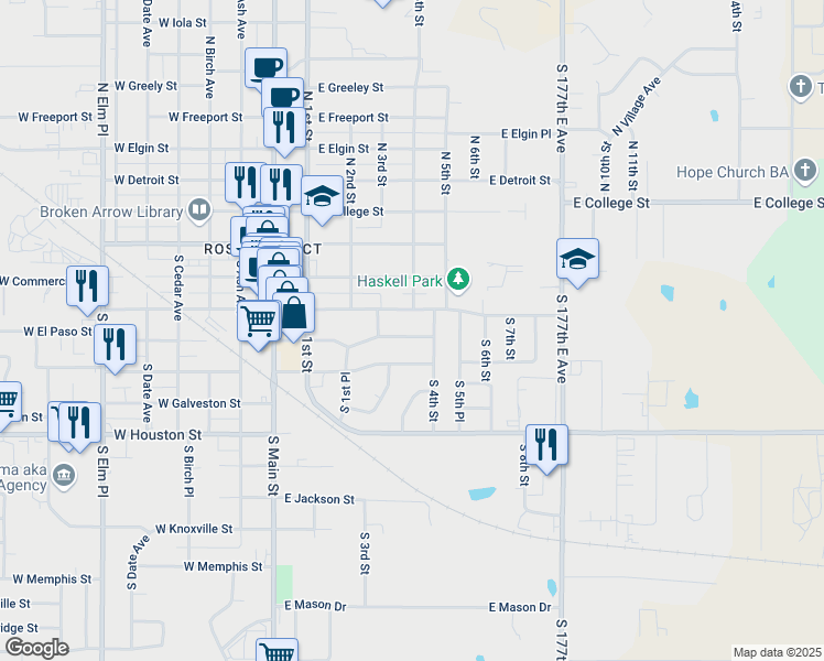 map of restaurants, bars, coffee shops, grocery stores, and more near 406 East El Paso Street in Broken Arrow