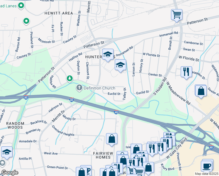map of restaurants, bars, coffee shops, grocery stores, and more near 3607 Gentry Street in Greensboro