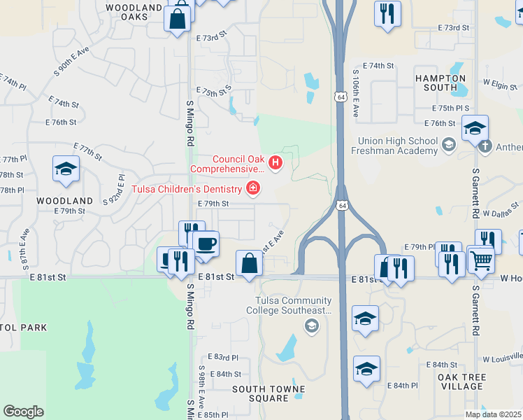 map of restaurants, bars, coffee shops, grocery stores, and more near 10106 East 79th Street in Tulsa