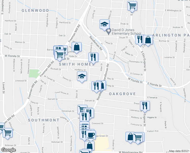 map of restaurants, bars, coffee shops, grocery stores, and more near 505 Ray Street in Greensboro
