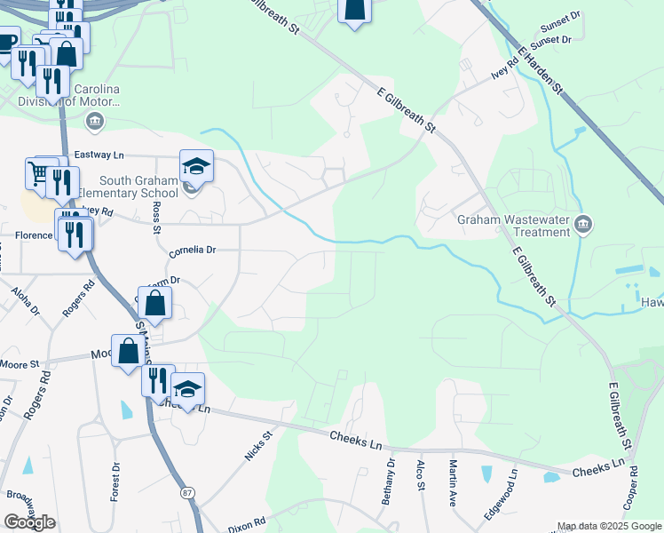 map of restaurants, bars, coffee shops, grocery stores, and more near 3604 Old Farm Court in Graham