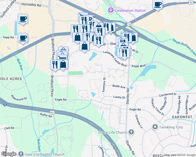 map of restaurants, bars, coffee shops, grocery stores, and more near 323 Malamute Lane in Greensboro