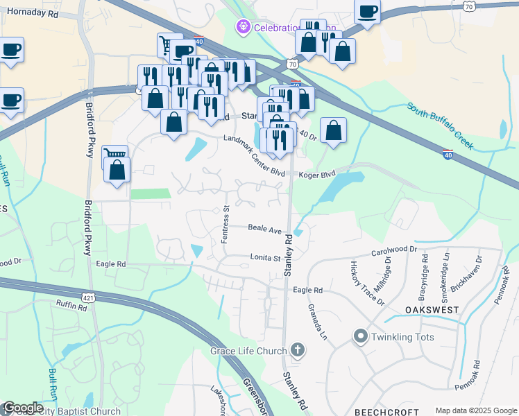 map of restaurants, bars, coffee shops, grocery stores, and more near 30 Pickwick Place in Greensboro