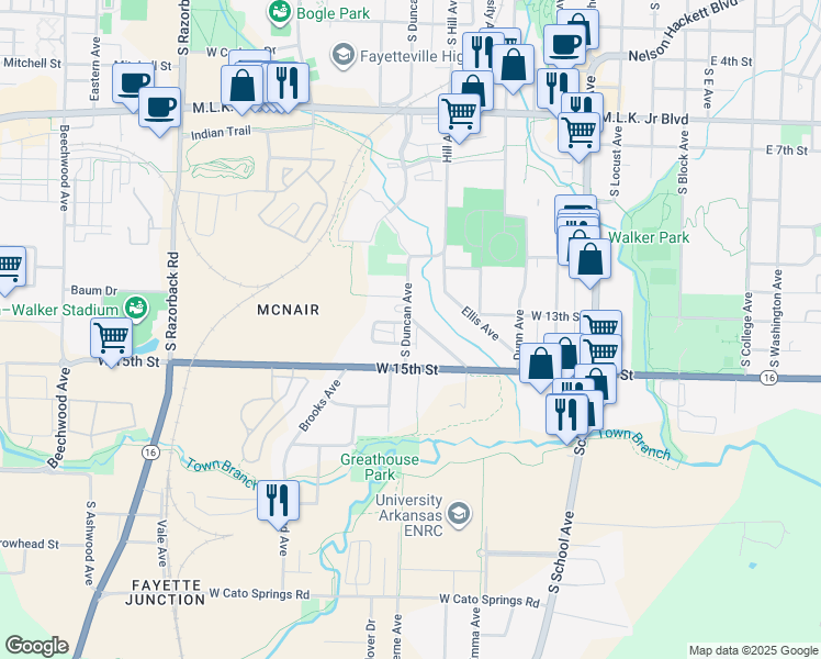 map of restaurants, bars, coffee shops, grocery stores, and more near 1390 South Duncan Avenue in Fayetteville