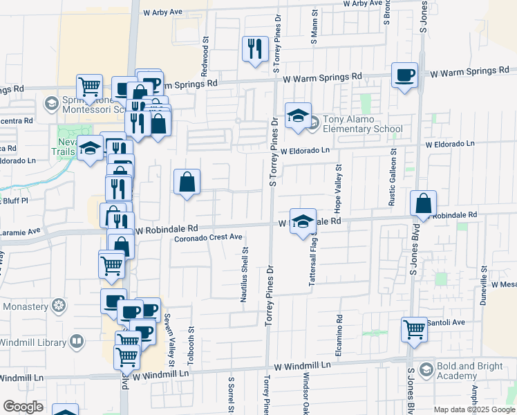 map of restaurants, bars, coffee shops, grocery stores, and more near 7651 Jacaranda Bay Street in Las Vegas