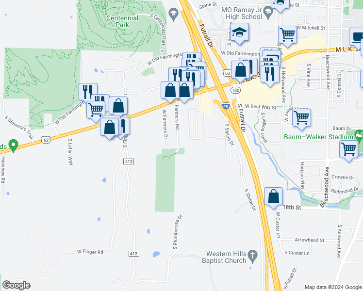 map of restaurants, bars, coffee shops, grocery stores, and more near 1426 Southeast Farmers Drive in Fayetteville