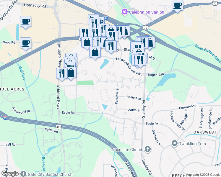 map of restaurants, bars, coffee shops, grocery stores, and more near 323 Malamute Lane in Greensboro