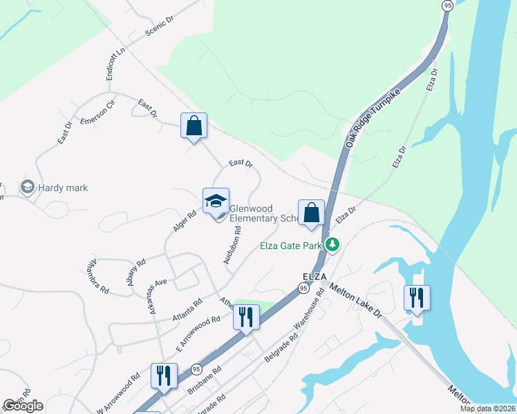 map of restaurants, bars, coffee shops, grocery stores, and more near 266 East Drive in Oak Ridge