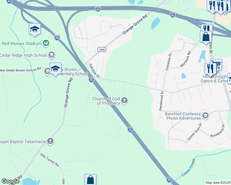 map of restaurants, bars, coffee shops, grocery stores, and more near 814 Oakdale Dr in Hillsborough