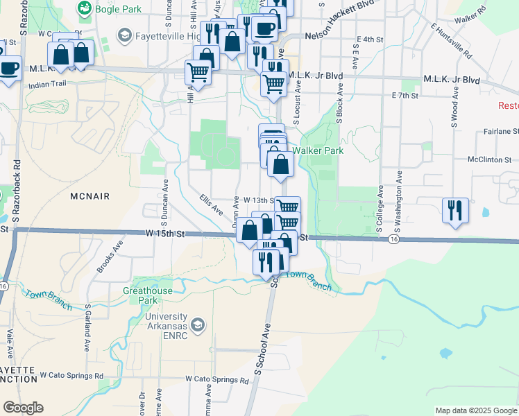 map of restaurants, bars, coffee shops, grocery stores, and more near 1318 South West Avenue in Fayetteville