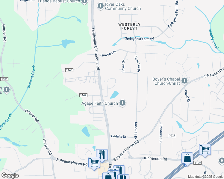 map of restaurants, bars, coffee shops, grocery stores, and more near 118 Willow Trace Circle in Clemmons