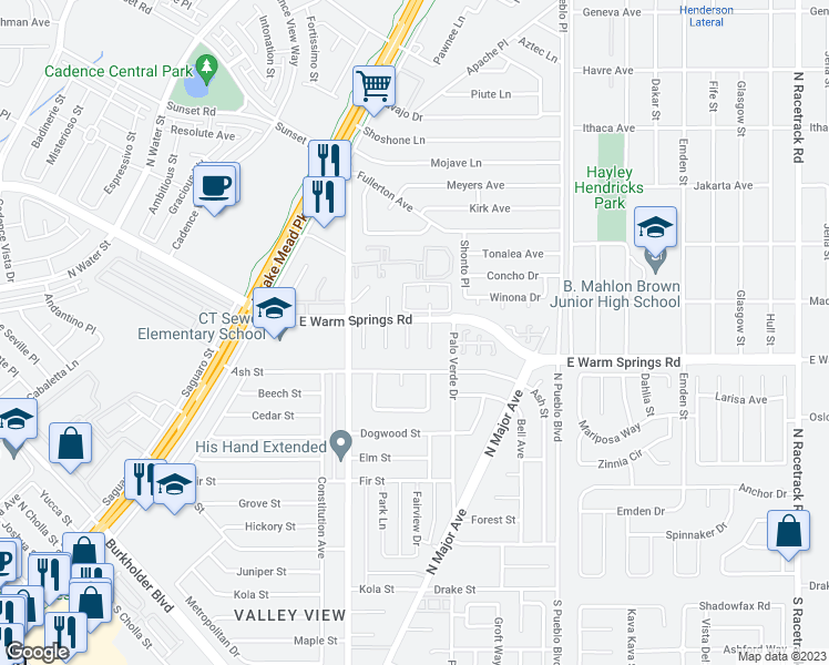 map of restaurants, bars, coffee shops, grocery stores, and more near 1012 Brookside Court in Henderson