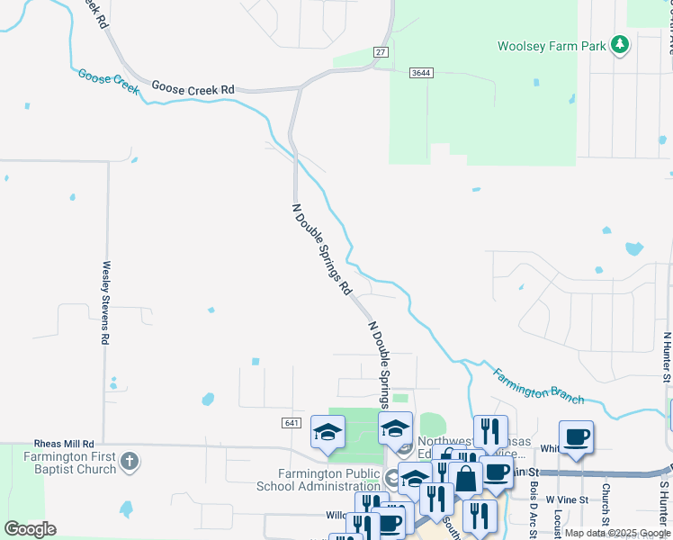 map of restaurants, bars, coffee shops, grocery stores, and more near 344 North Double Springs Road in Farmington