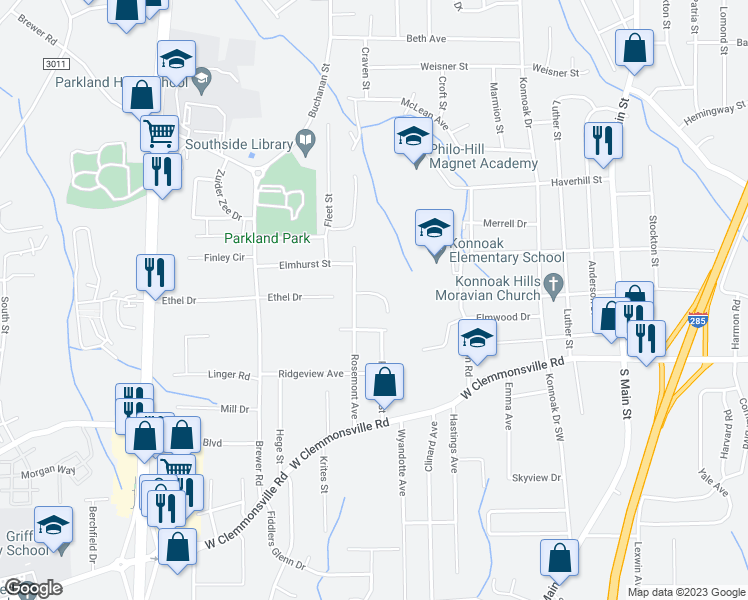 map of restaurants, bars, coffee shops, grocery stores, and more near 856 Foxwood Place in Winston-Salem