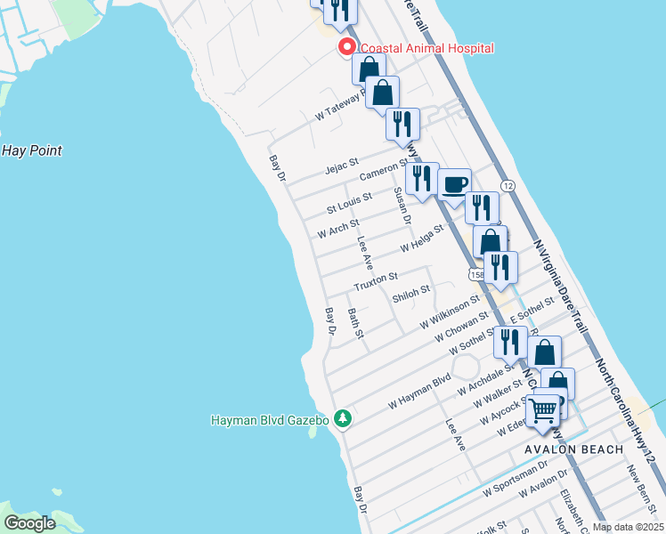 map of restaurants, bars, coffee shops, grocery stores, and more near 414 W Helga St in Kill Devil Hills