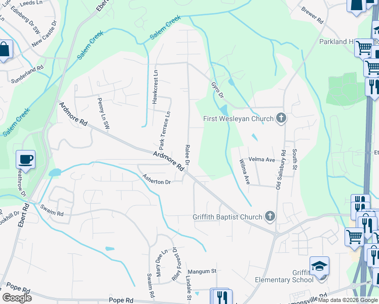 map of restaurants, bars, coffee shops, grocery stores, and more near 1765 Ralee Drive in Winston-Salem