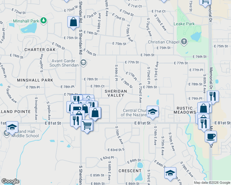 map of restaurants, bars, coffee shops, grocery stores, and more near 6916 East 78th Place in Tulsa