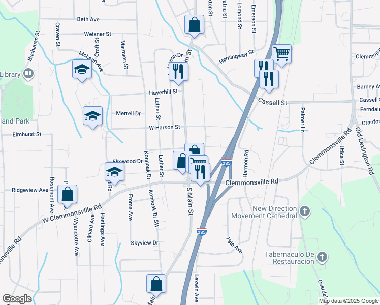 map of restaurants, bars, coffee shops, grocery stores, and more near 3407 South Main Street in Winston-Salem