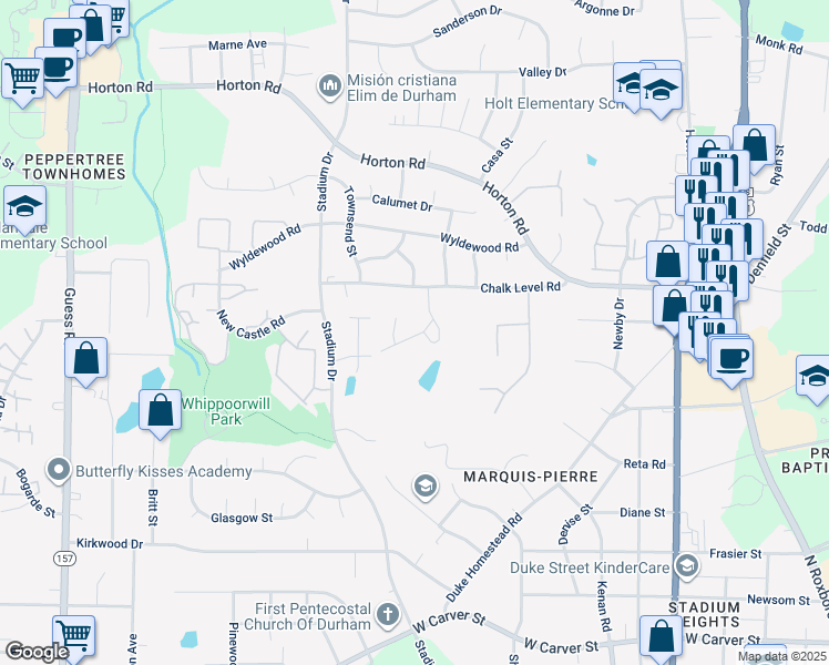 map of restaurants, bars, coffee shops, grocery stores, and more near 1107 Chalk Level Road in Durham