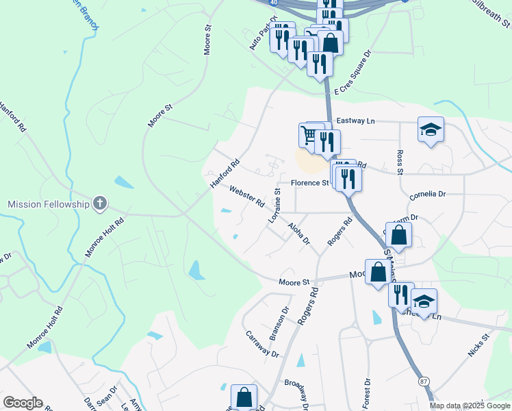 map of restaurants, bars, coffee shops, grocery stores, and more near 212 Webster Road in Graham