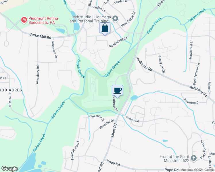 map of restaurants, bars, coffee shops, grocery stores, and more near 3616 Heathrow Drive in Winston-Salem