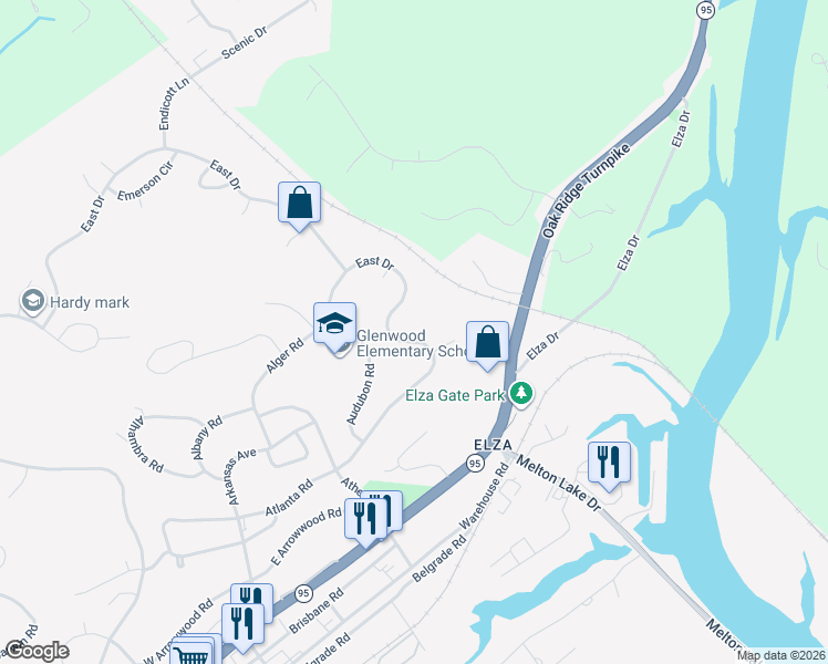 map of restaurants, bars, coffee shops, grocery stores, and more near 266 East Drive in Oak Ridge