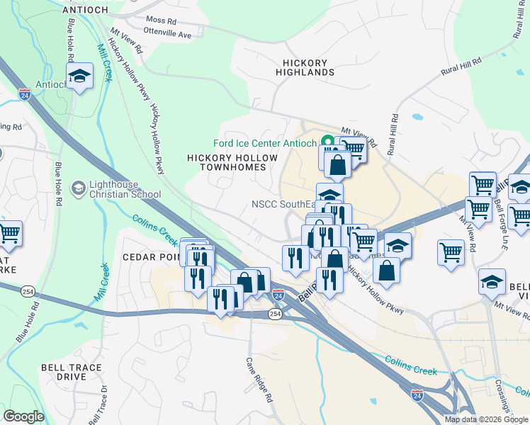 map of restaurants, bars, coffee shops, grocery stores, and more near 5200 Hickory Hollow Parkway in Nashville