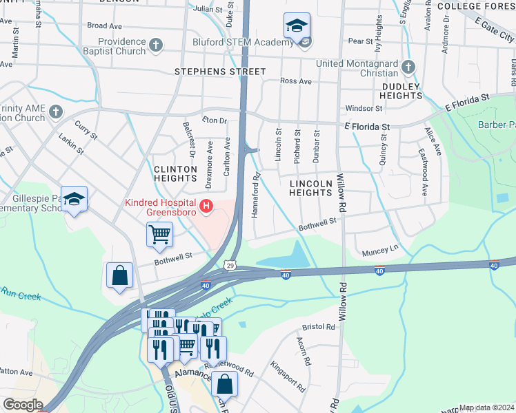 map of restaurants, bars, coffee shops, grocery stores, and more near 1723 Hannaford Road in Greensboro