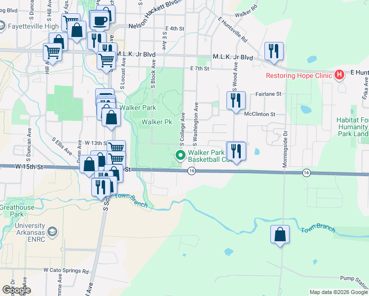 map of restaurants, bars, coffee shops, grocery stores, and more near 1320 South College Avenue in Fayetteville