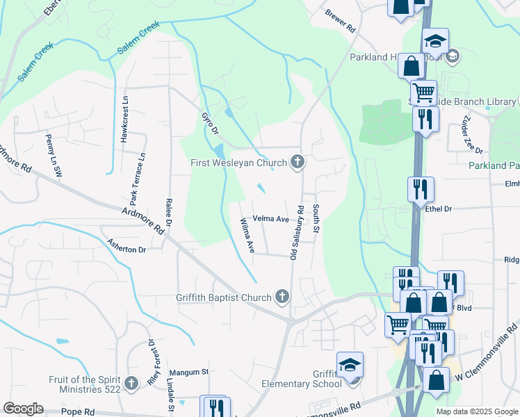 map of restaurants, bars, coffee shops, grocery stores, and more near 1723 Velma Avenue in Winston-Salem