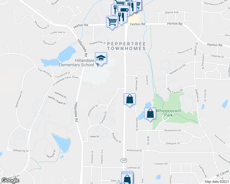 map of restaurants, bars, coffee shops, grocery stores, and more near 18 Moorefield Court in Durham