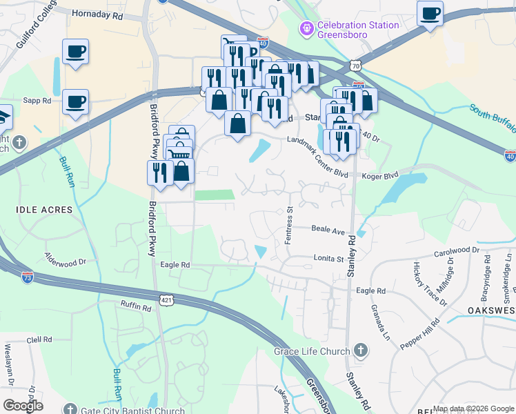 map of restaurants, bars, coffee shops, grocery stores, and more near 244 Malamute Lane in Greensboro