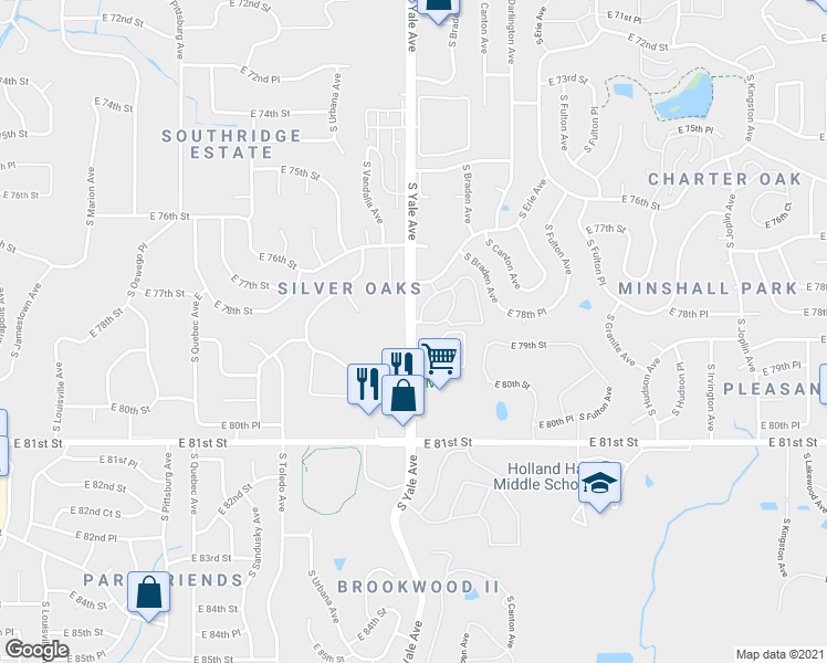 map of restaurants, bars, coffee shops, grocery stores, and more near 7823 South Yale Avenue in Tulsa