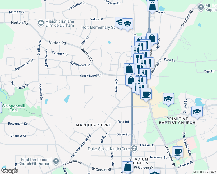 map of restaurants, bars, coffee shops, grocery stores, and more near 715 Crosby Road in Durham