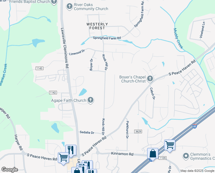 map of restaurants, bars, coffee shops, grocery stores, and more near 2717 Knob Hill Drive in Clemmons