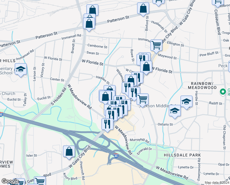 map of restaurants, bars, coffee shops, grocery stores, and more near 2911 Dexter Avenue in Greensboro
