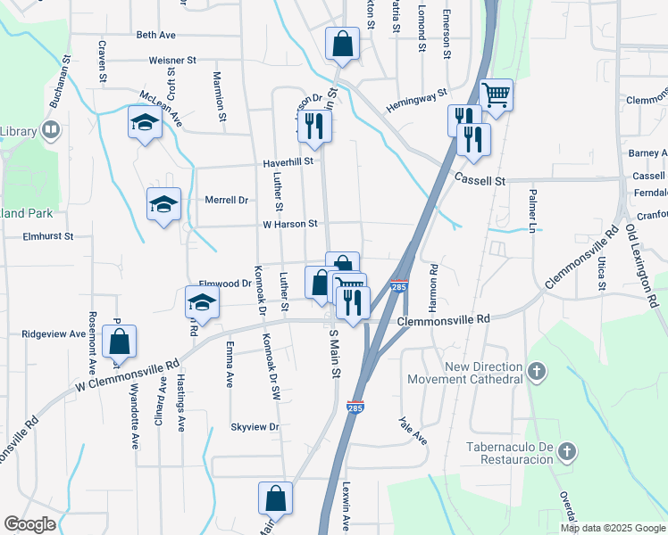 map of restaurants, bars, coffee shops, grocery stores, and more near 3407 South Main Street in Winston-Salem
