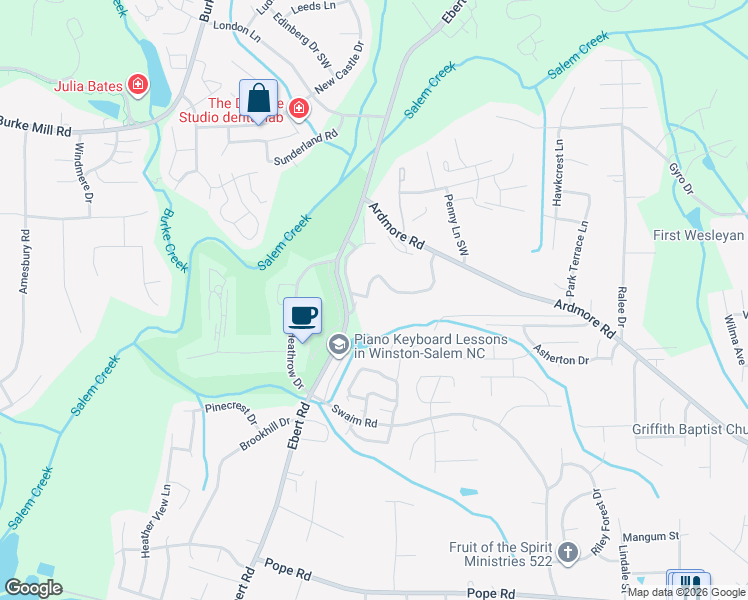 map of restaurants, bars, coffee shops, grocery stores, and more near 1932 Salem Bluff Drive in Winston-Salem