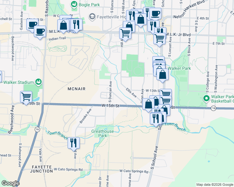 map of restaurants, bars, coffee shops, grocery stores, and more near 1352 Van Buren Avenue in Fayetteville
