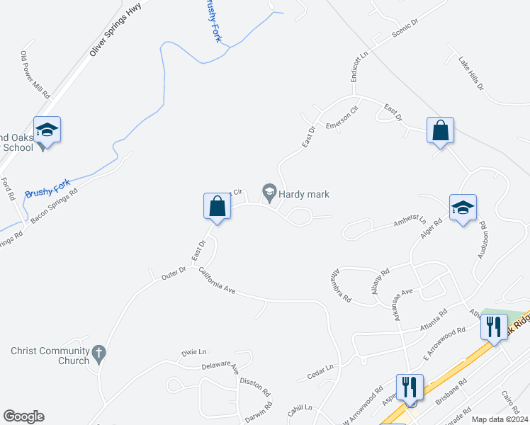 map of restaurants, bars, coffee shops, grocery stores, and more near 431 East Drive in Oak Ridge