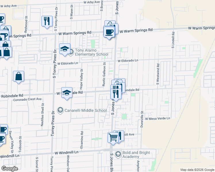 map of restaurants, bars, coffee shops, grocery stores, and more near 7730 South Jones Boulevard in Las Vegas