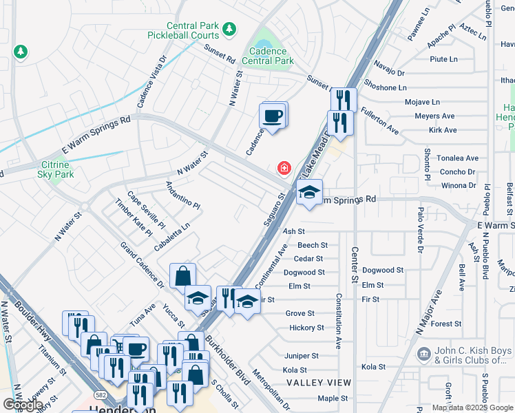 map of restaurants, bars, coffee shops, grocery stores, and more near 285 Country Club Drive in Henderson