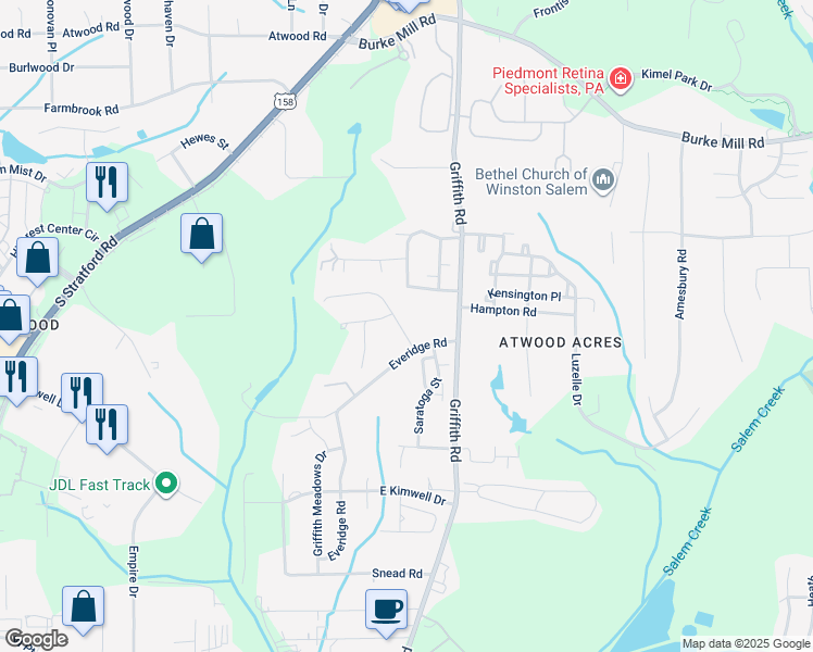 map of restaurants, bars, coffee shops, grocery stores, and more near 2277 Ever Chase Court in Winston-Salem