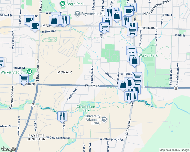 map of restaurants, bars, coffee shops, grocery stores, and more near 1390 South Duncan Avenue in Fayetteville