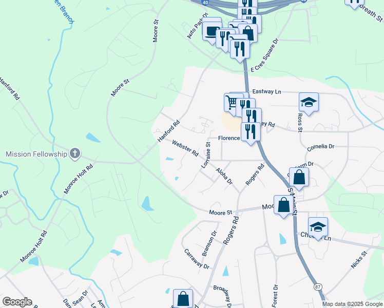 map of restaurants, bars, coffee shops, grocery stores, and more near 212 Webster Road in Graham