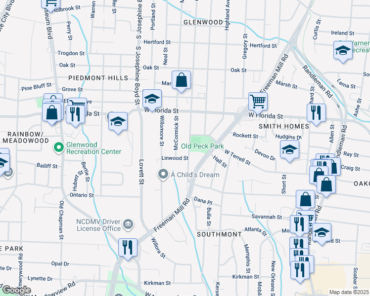 map of restaurants, bars, coffee shops, grocery stores, and more near 1612 Glenwood Avenue in Greensboro