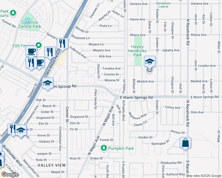 map of restaurants, bars, coffee shops, grocery stores, and more near 544 Bayo Canyon Court in Henderson