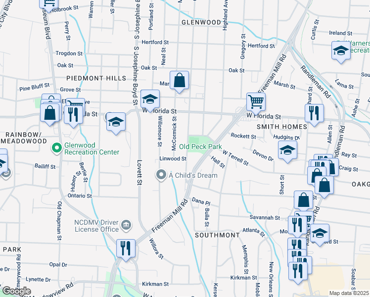 map of restaurants, bars, coffee shops, grocery stores, and more near 1612 Glenwood Avenue in Greensboro