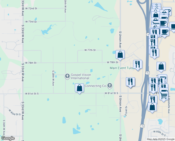 map of restaurants, bars, coffee shops, grocery stores, and more near 7901 South 23rd West Avenue in Tulsa